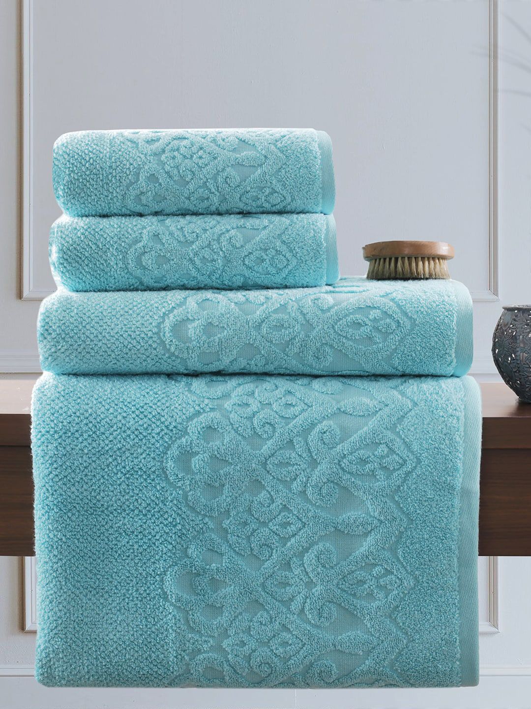 MASPAR Set Of 4 Blue Patterned Pure Cotton 550 GSM Towel Set Price in India