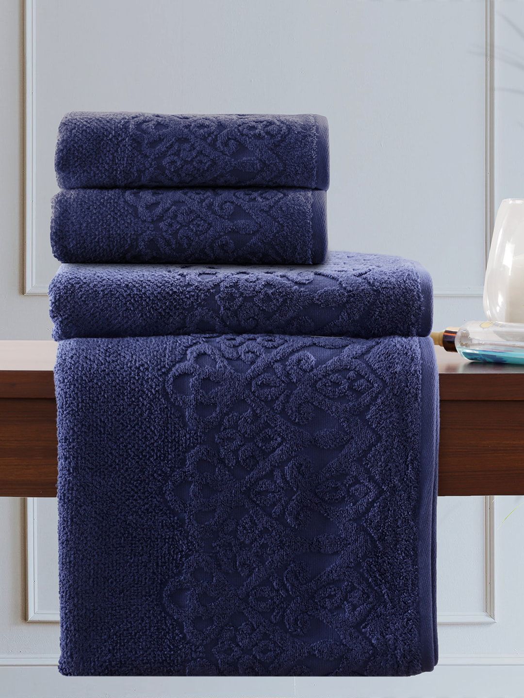 MASPAR Set Of 4 Navy Blue Self Design Pure Cotton 550 GSM Towel Set Price in India