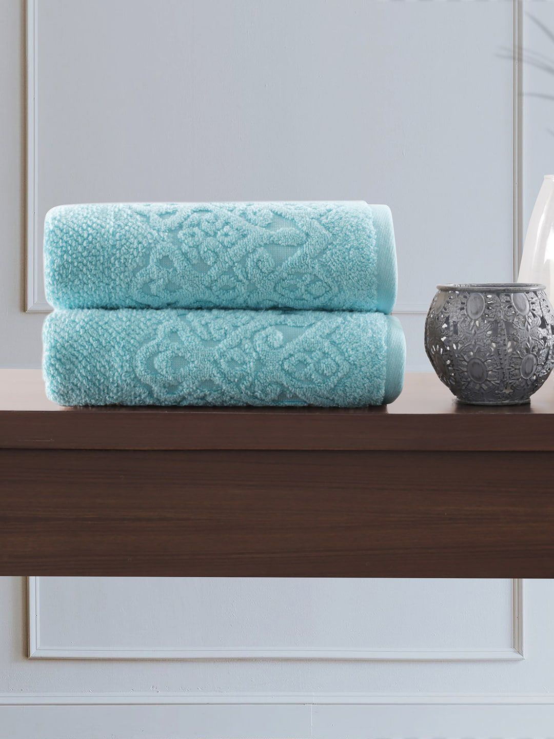 MASPAR Blue Pack of 2  Windsor 550 GSM Cotton Self Jacquard Towel Set Price in India