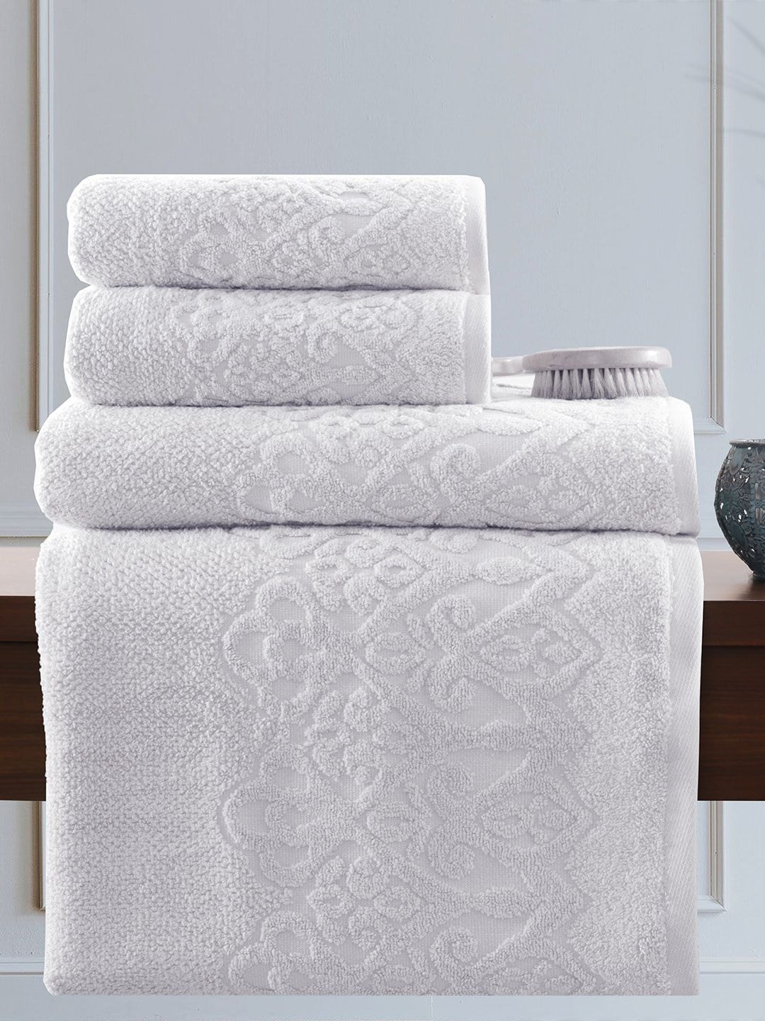 MASPAR Set of 4 White Self Design 550 GSM Pure Cotton Towel Set Price in India