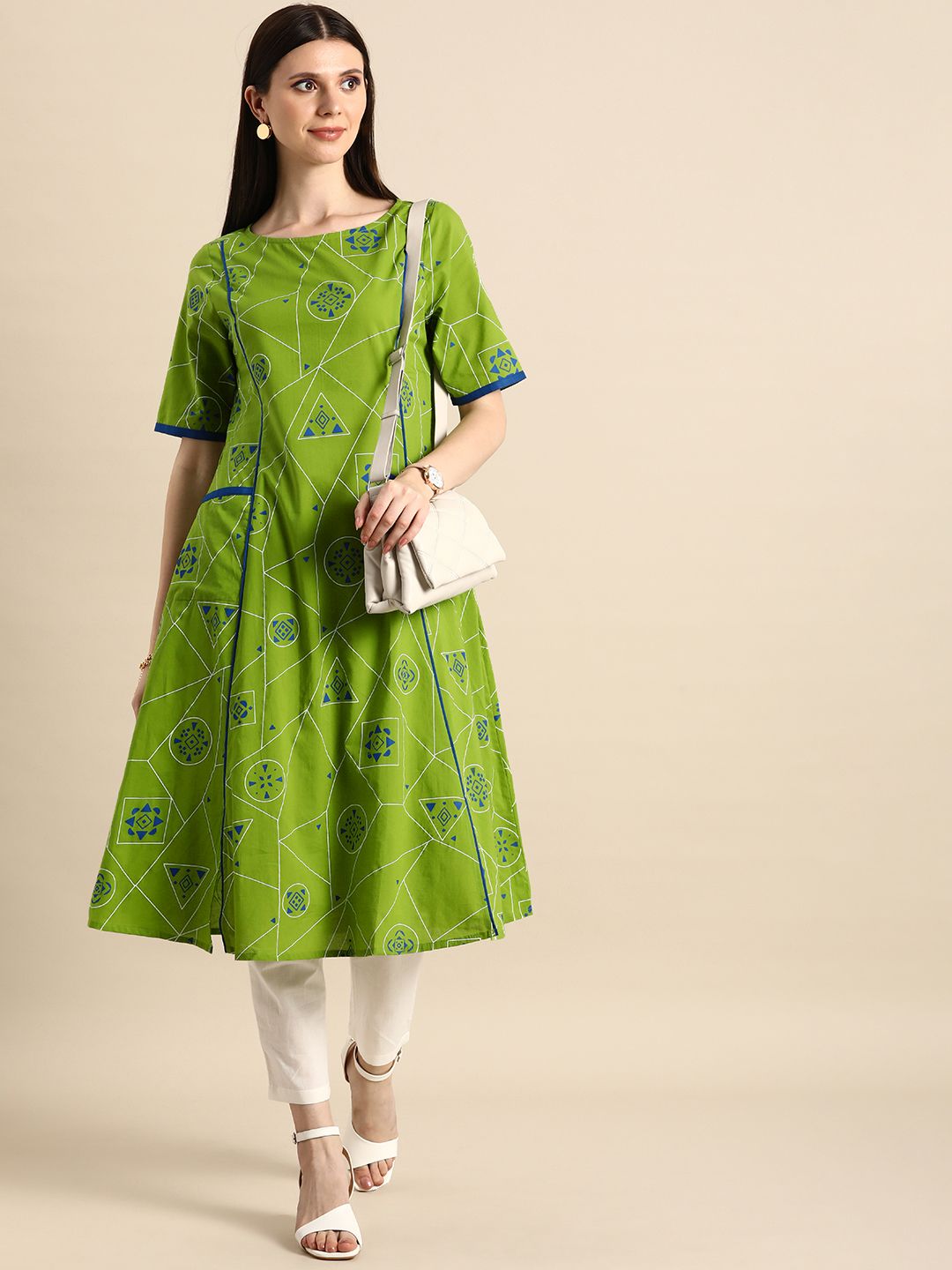 Anouk Women Lime Green & Blue Geometric Printed Round-Neck A-Line Kurta Price in India