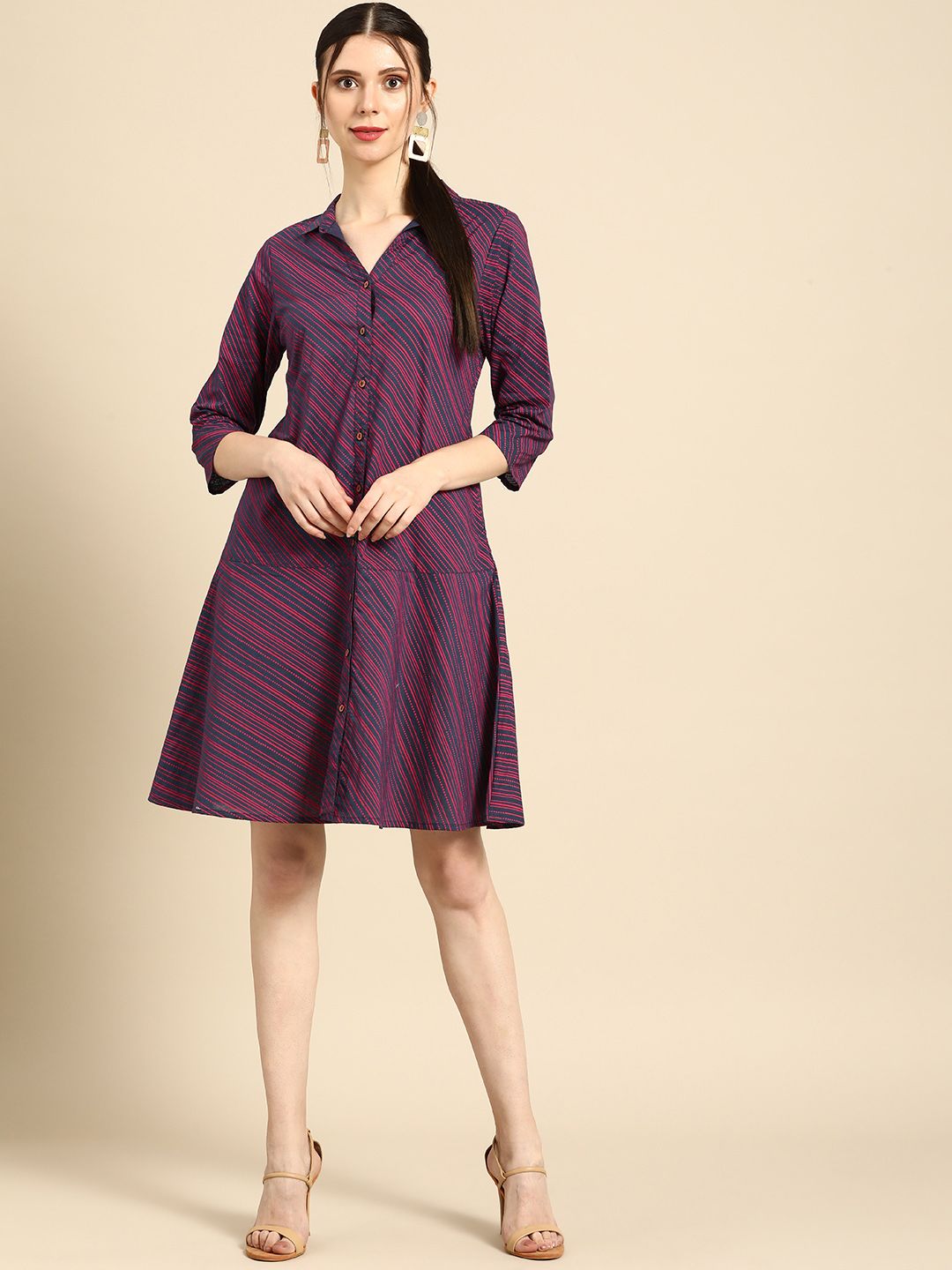 Anouk Navy Blue & Pink Stripes Printed Casual A-Line Dress Price in India