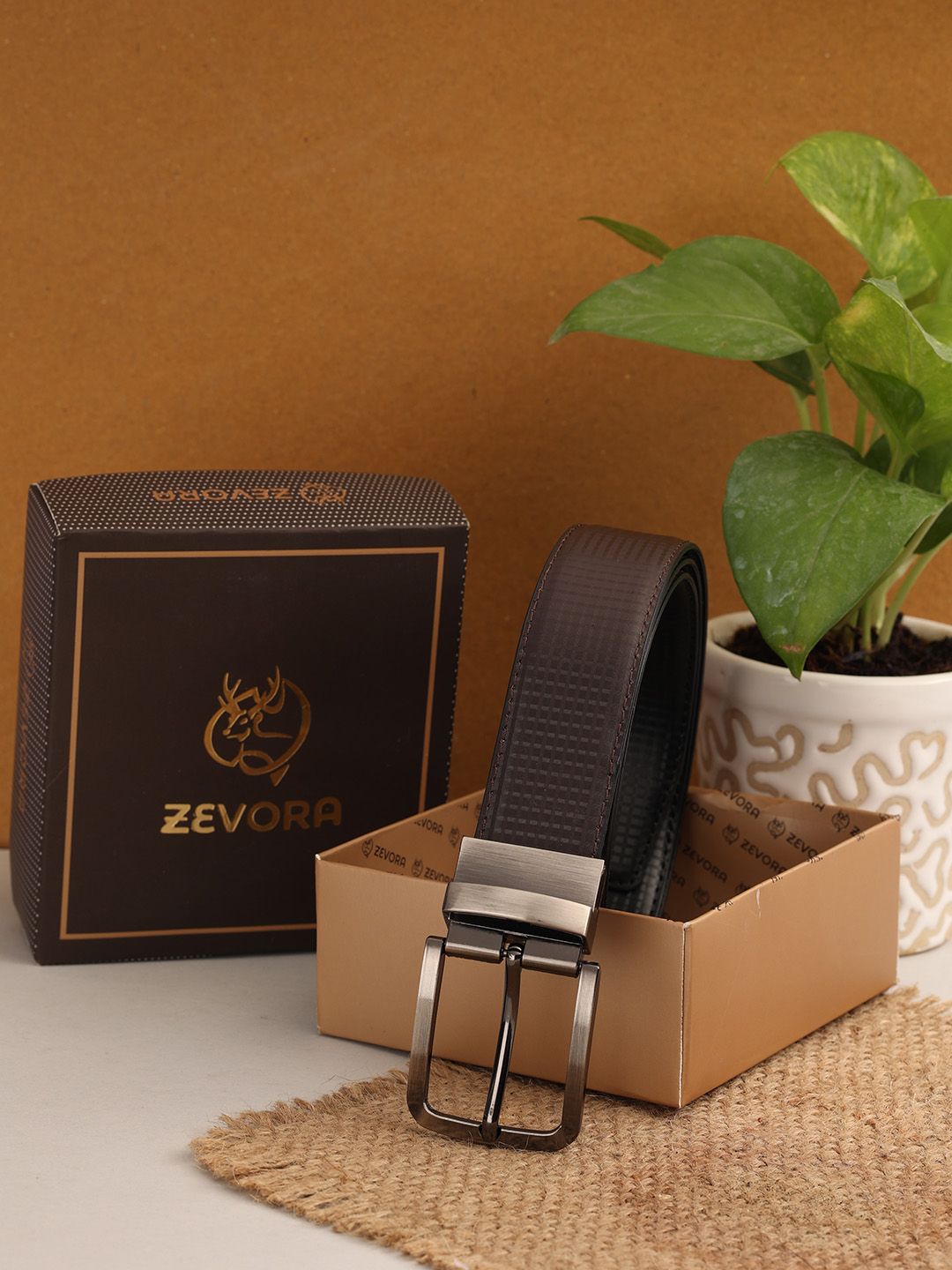 ZEVORA Men Brown Textured Reversible Belt