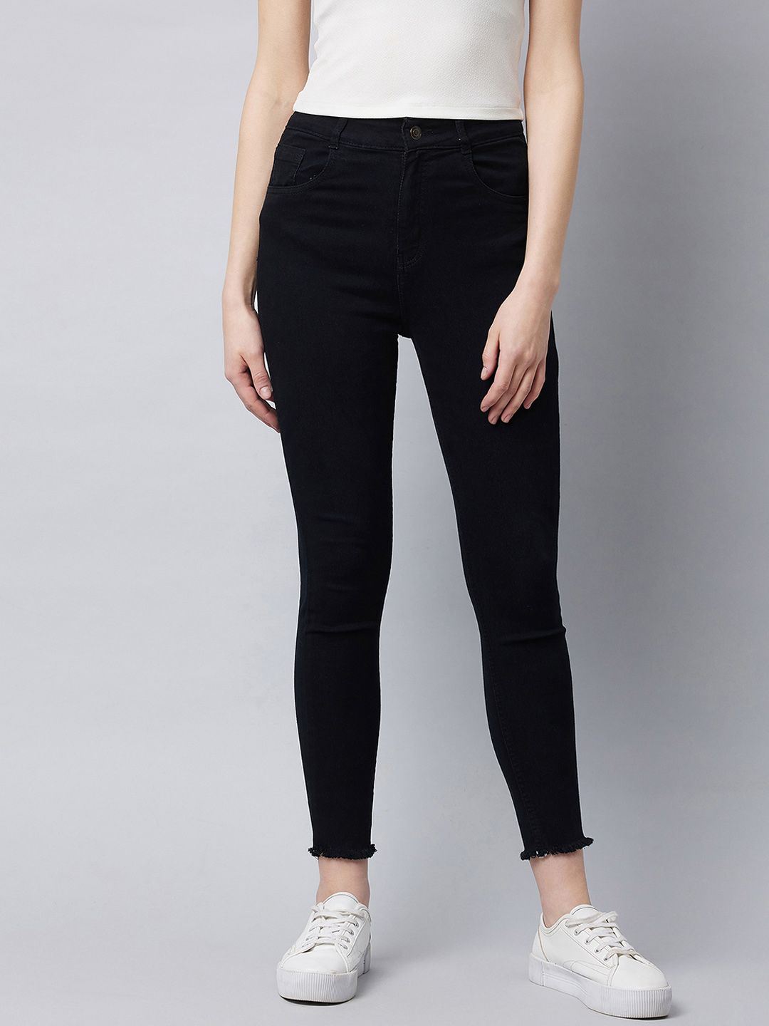 DOLCE CRUDO Women Black Skinny Fit High-Rise Cropped Cotton Jeans Price in India