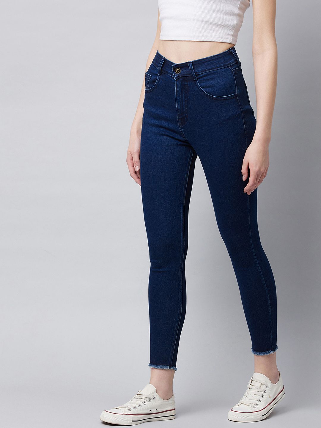 DOLCE CRUDO Women Navy Blue Skinny Fit High-Rise Cropped Jeans Price in India
