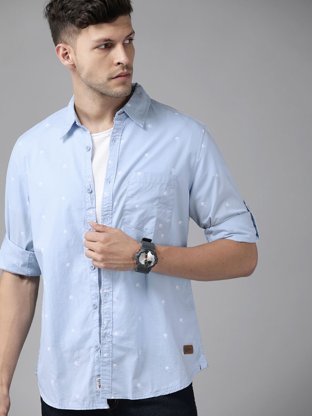 The Roadster Men Blue & White Printed  Cotton Casual Shirt