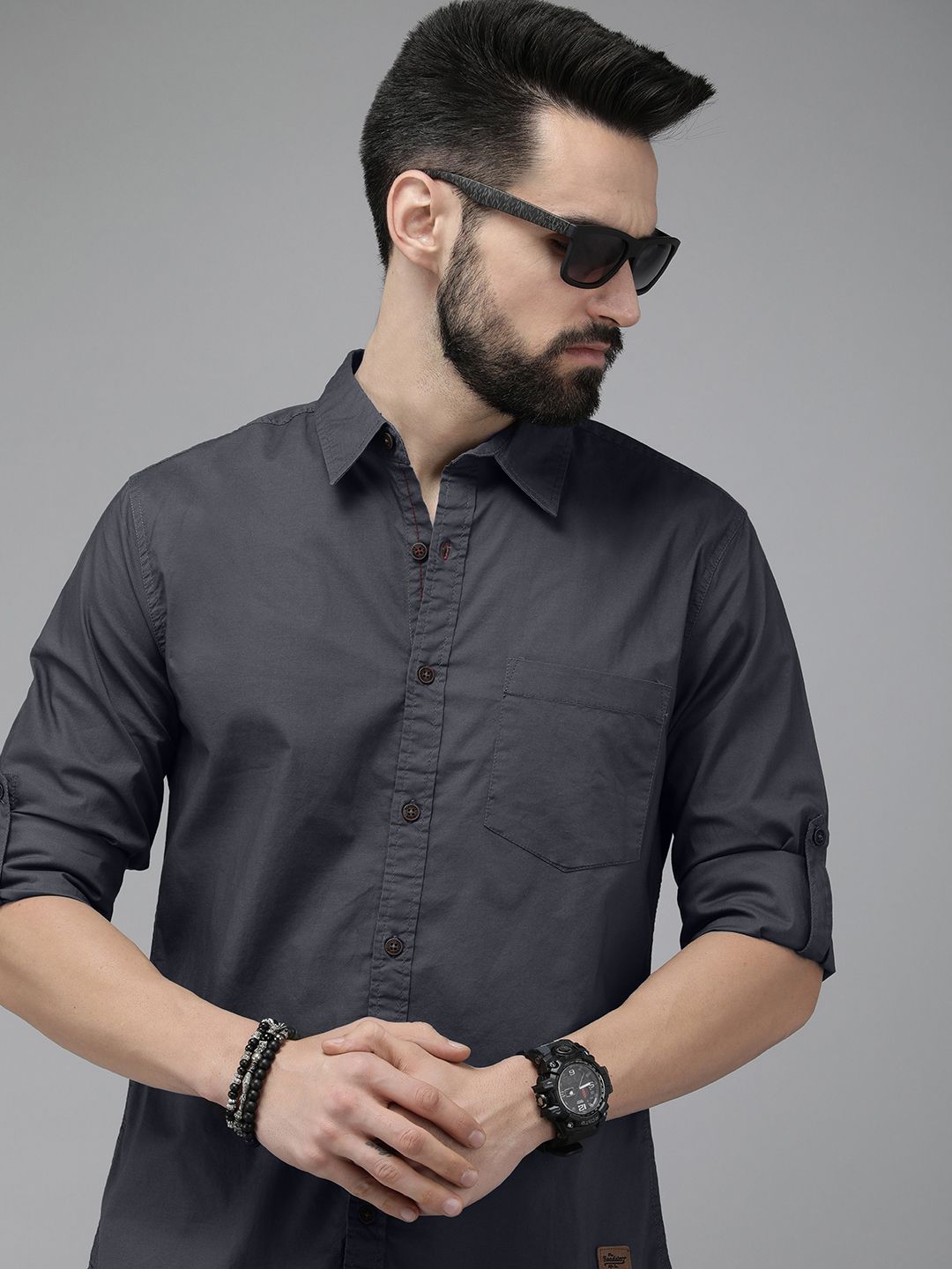Roadster Men Charcoal Grey Slim Fit Solid Opaque Stretchable Casual Shirt