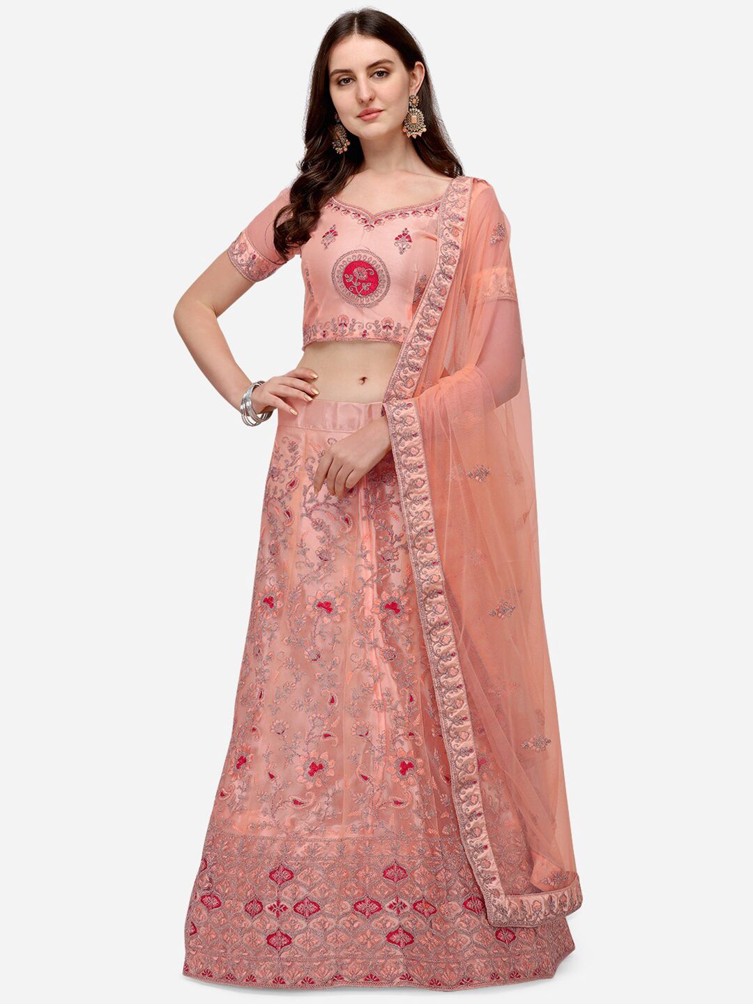 Netram Women Peach Embroidered Semi-Stitched Lehenga & Unstitched Blouse with Dupatta Price in India