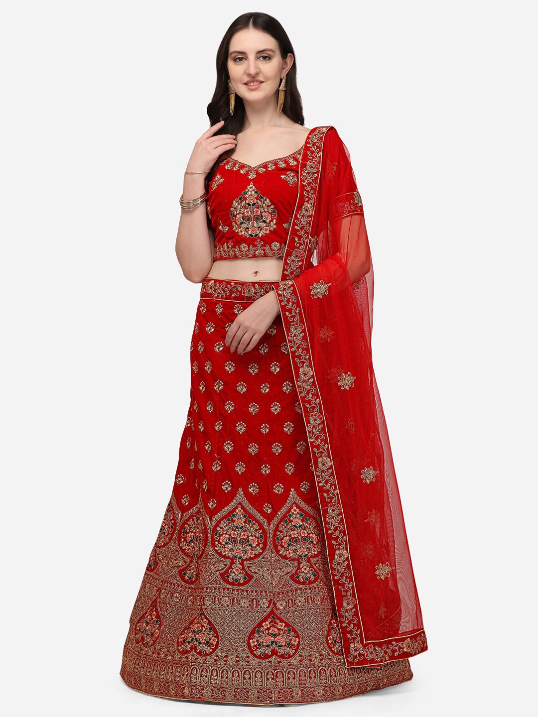 Netram Red Embroidered Sequinned Semi-Stitched Lehenga & Unstitched Choli With Dupatta Price in India