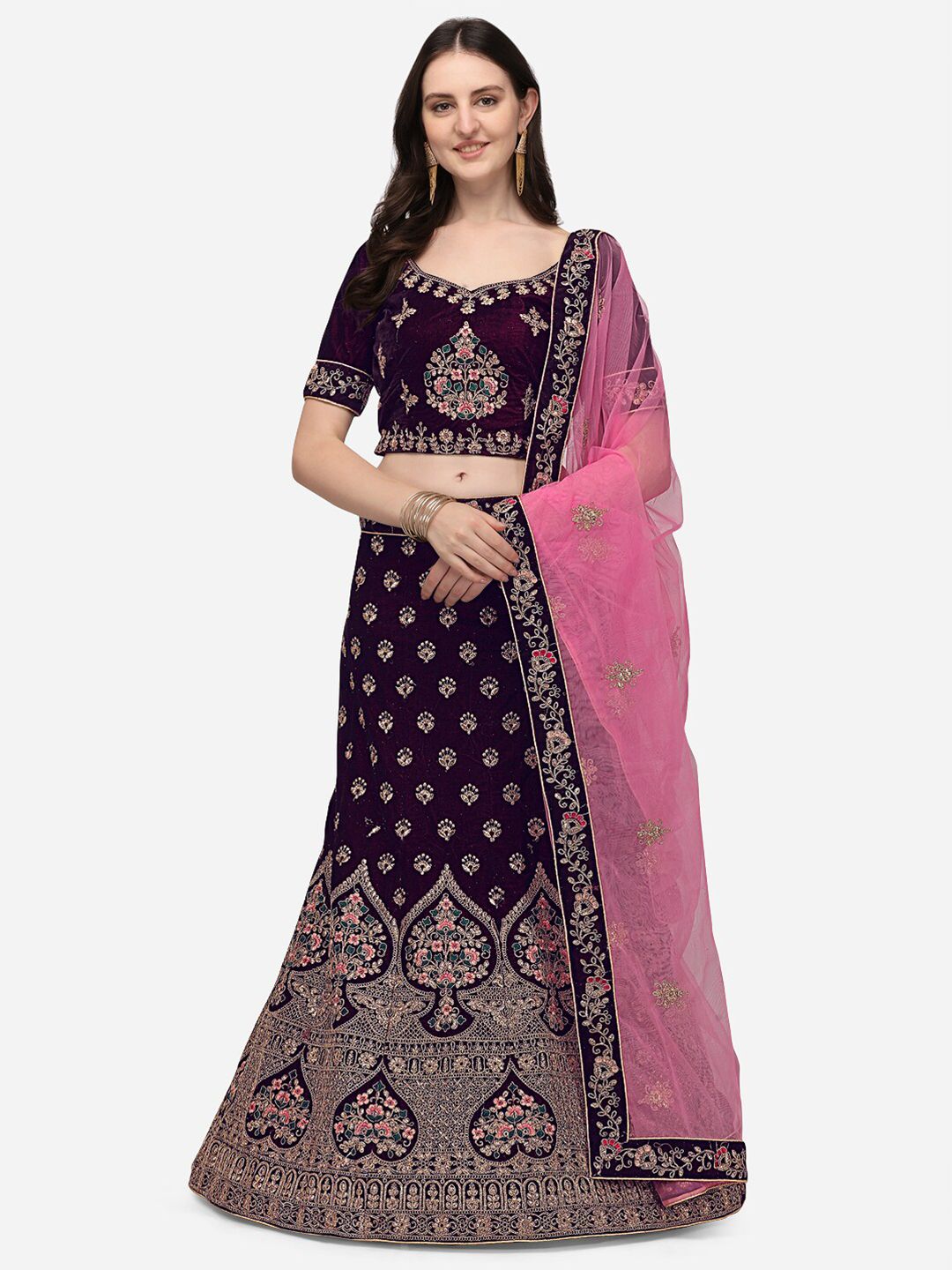 Netram Purple & Pink Embroidered Sequinned Semi-Stitched Lehenga & Unstitched Blouse With Dupatta Price in India