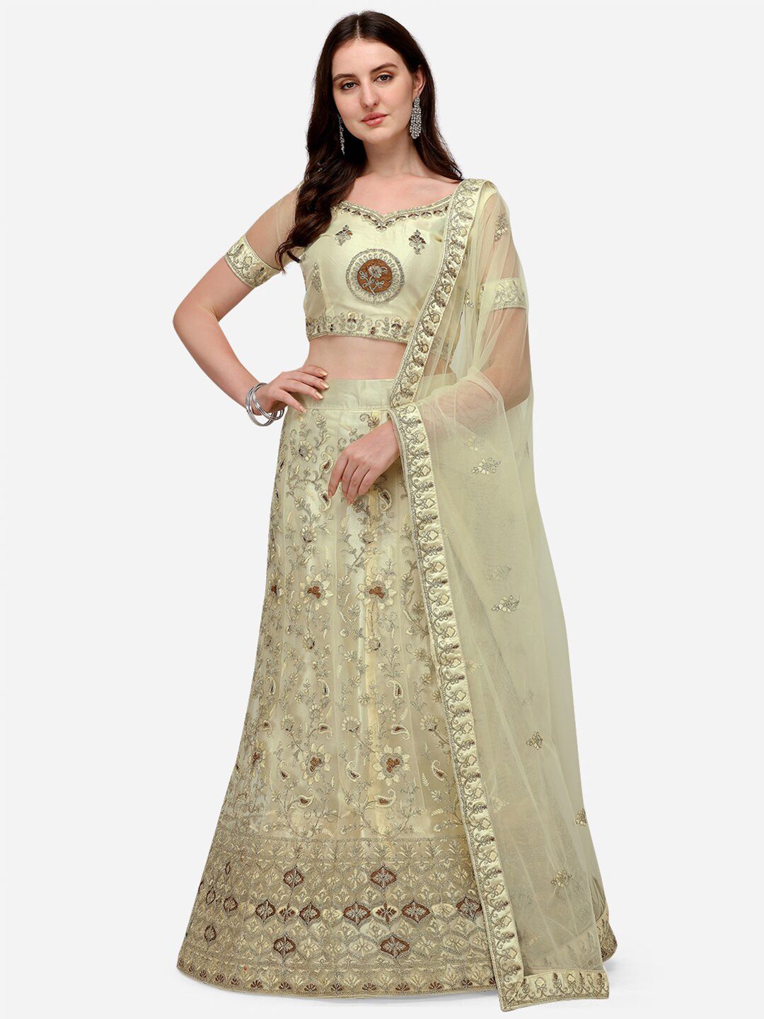 Netram Beige & Brown Embroidered Semi-Stitched Lehenga & Unstitched Blouse With Dupatta Price in India