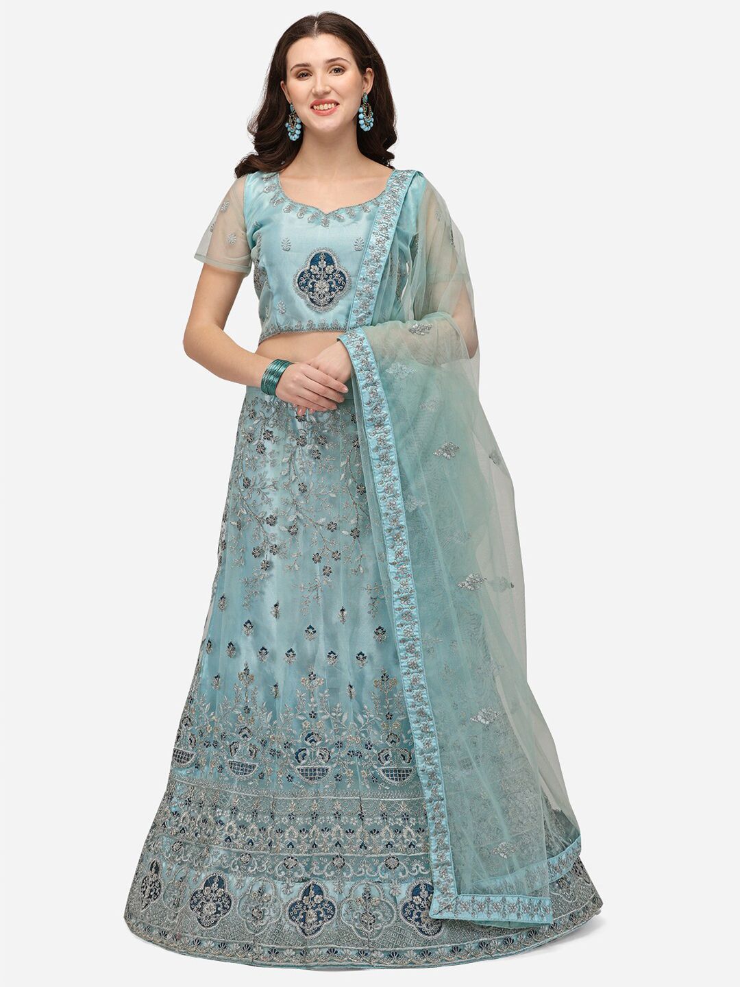 Netram Turquoise Blue Embroidered Semi-Stitched Lehenga & Unstitched Blouse With Dupatta Price in India