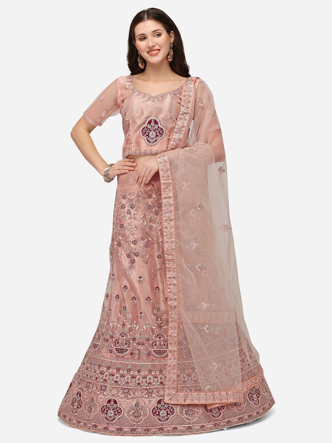 Netram Peach-Coloured & Maroon Embroidered Semi-Stitched Lehenga & Unstitched Blouse With Dupatta Price in India