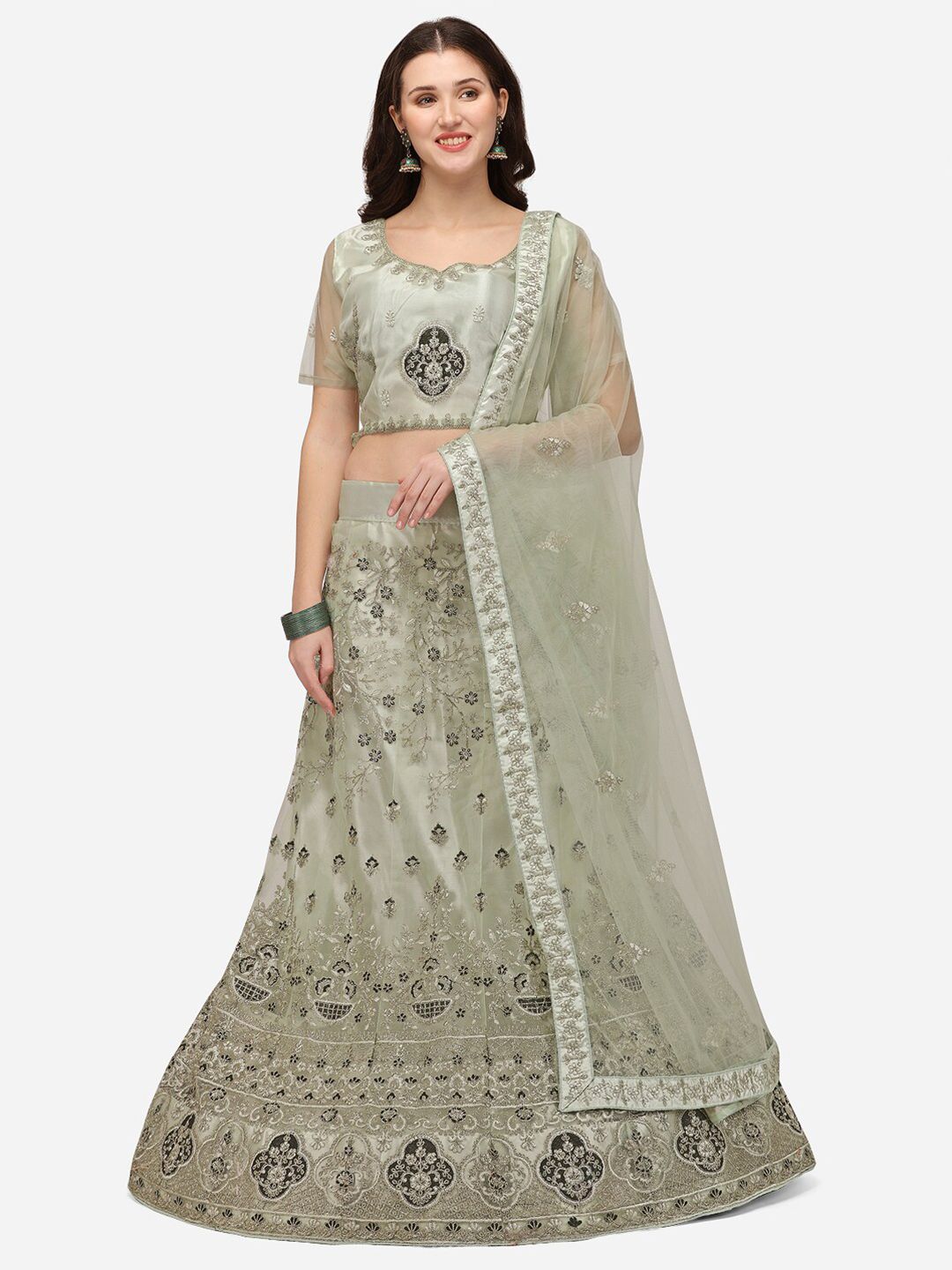 Netram Lime Green & Silver-Toned Embroidered Semi-Stitched Lehenga & Blouse With Dupatta Price in India