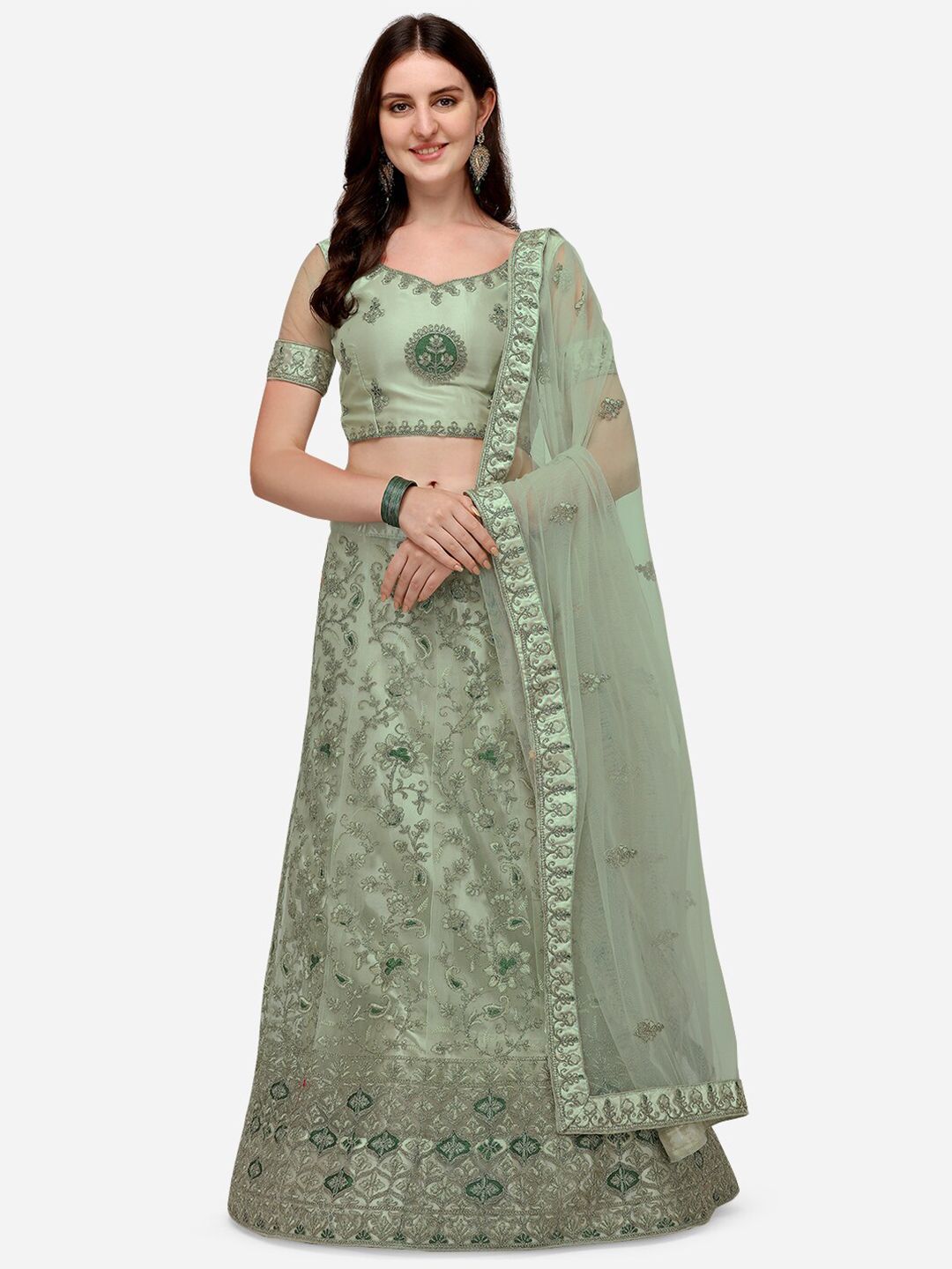 Netram Green Embroidered Semi-Stitched Lehenga & Unstitched Blouse With Dupatta Price in India