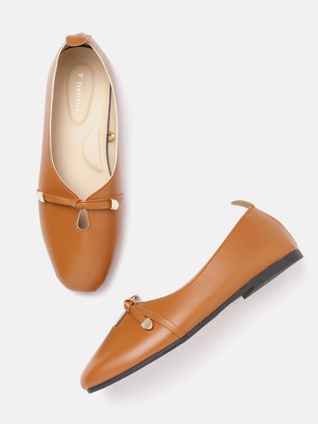 Van Heusen Woman Tan Brown Solid Ballerinas with Bows & Cut-Out Detail Price in India