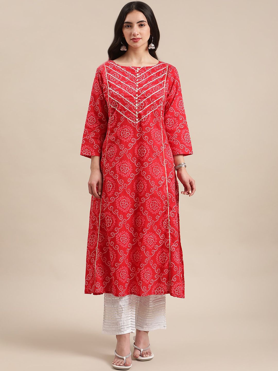 Varanga Women Red Geometric Printed Gotta Patti A-Line Cotton  Kurta Price in India