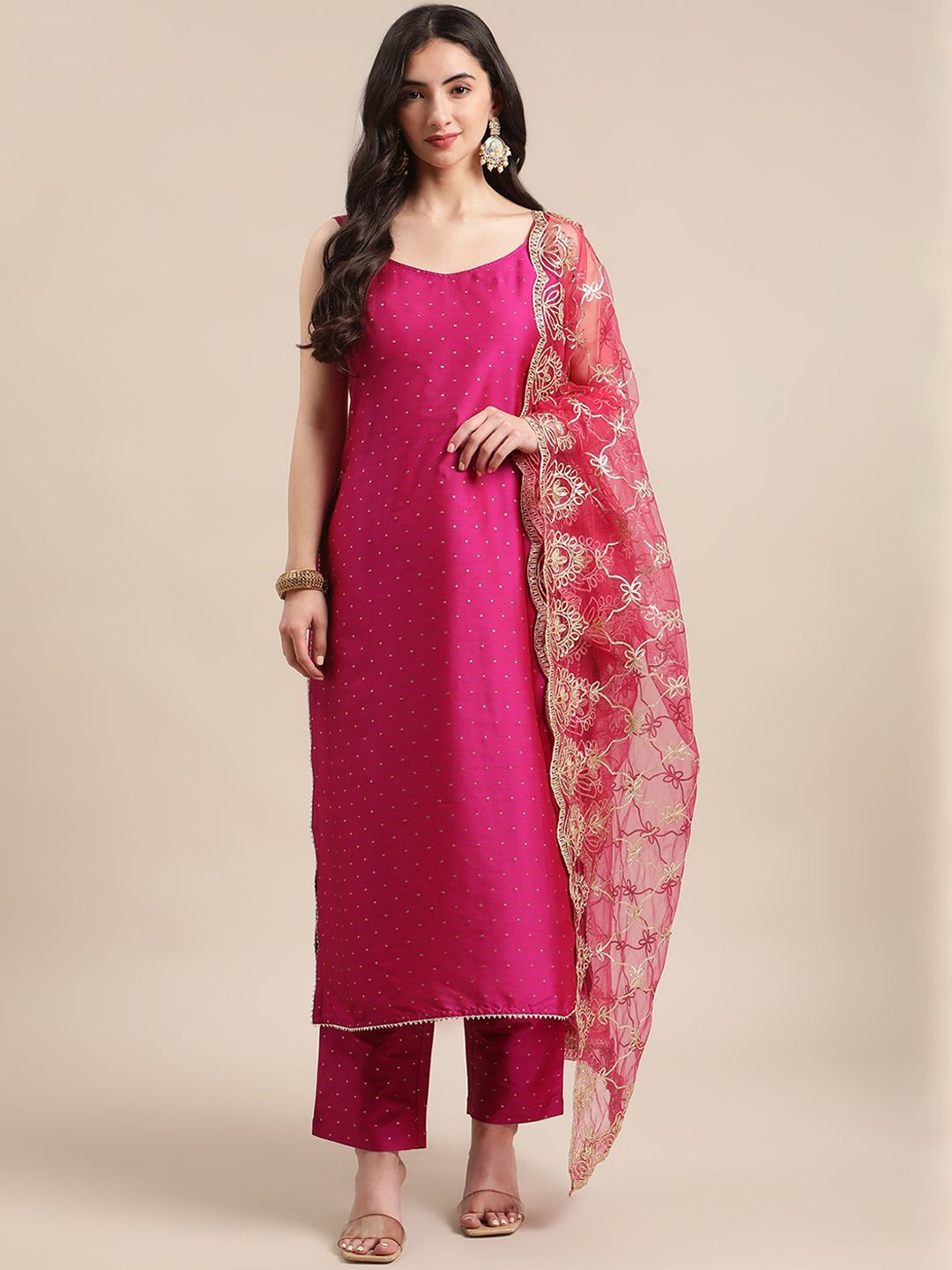 Varanga Women Pink Printed Gotta Patti Kurta With Trousers & Dupatta Price in India