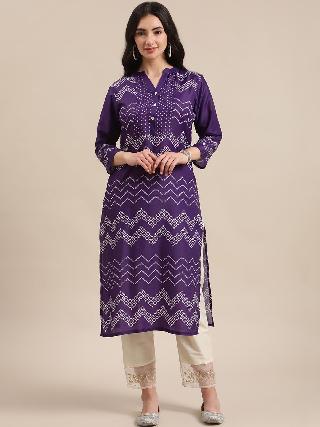 Varanga Women Purple Geometric Printed Silk Kurta Price in India