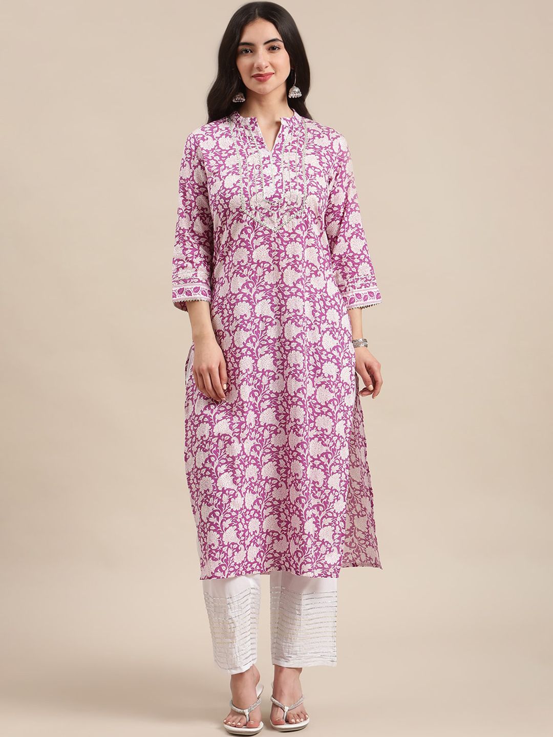 Varanga Women Purple & White Floral Printed Gotta Patti Kurta Price in India