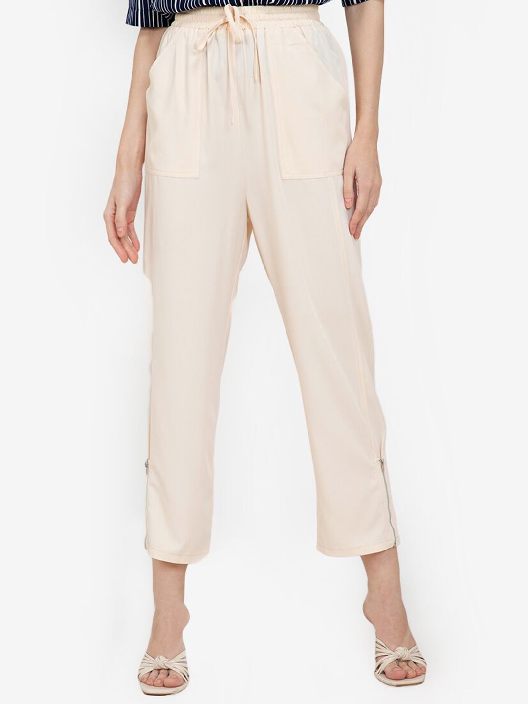 ZALORA WORK Women Beige Tapered Fit High-Rise Pleated Trousers Price in India