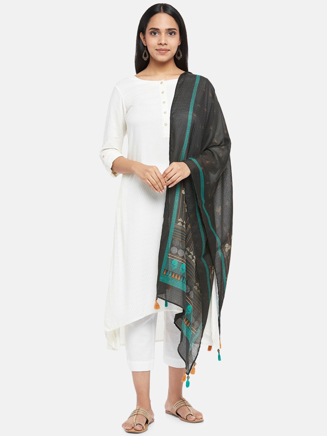 RANGMANCH BY PANTALOONS Charcoal & Green Printed Pure Cotton Dupatta Price in India