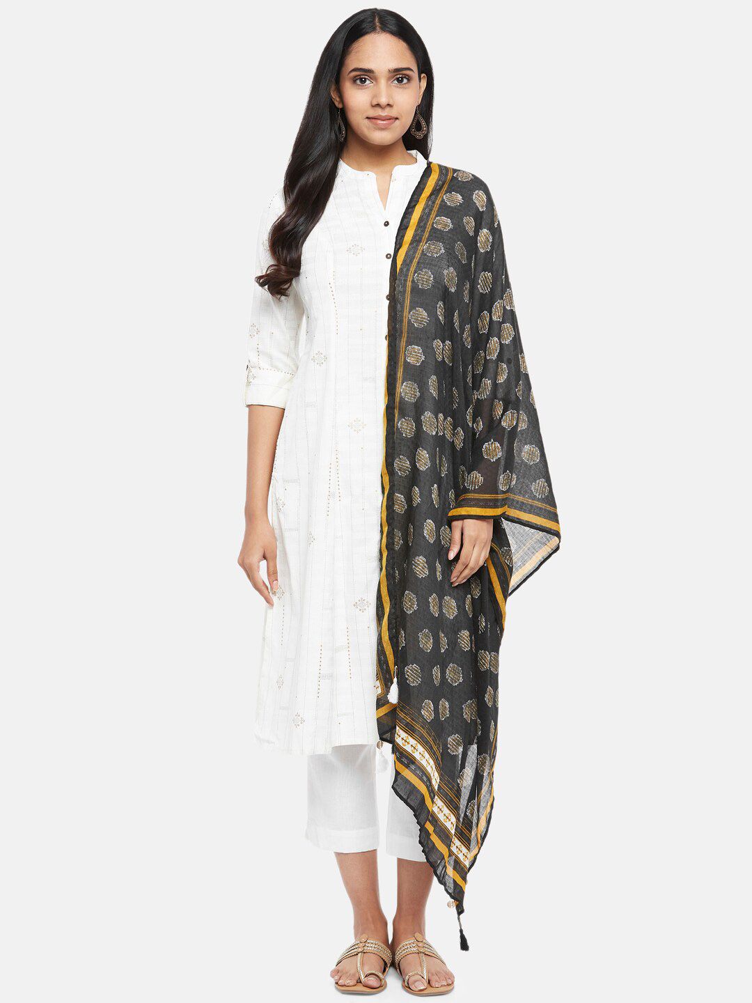 RANGMANCH BY PANTALOONS Charcoal & Yellow Printed Pure Cotton Dupatta