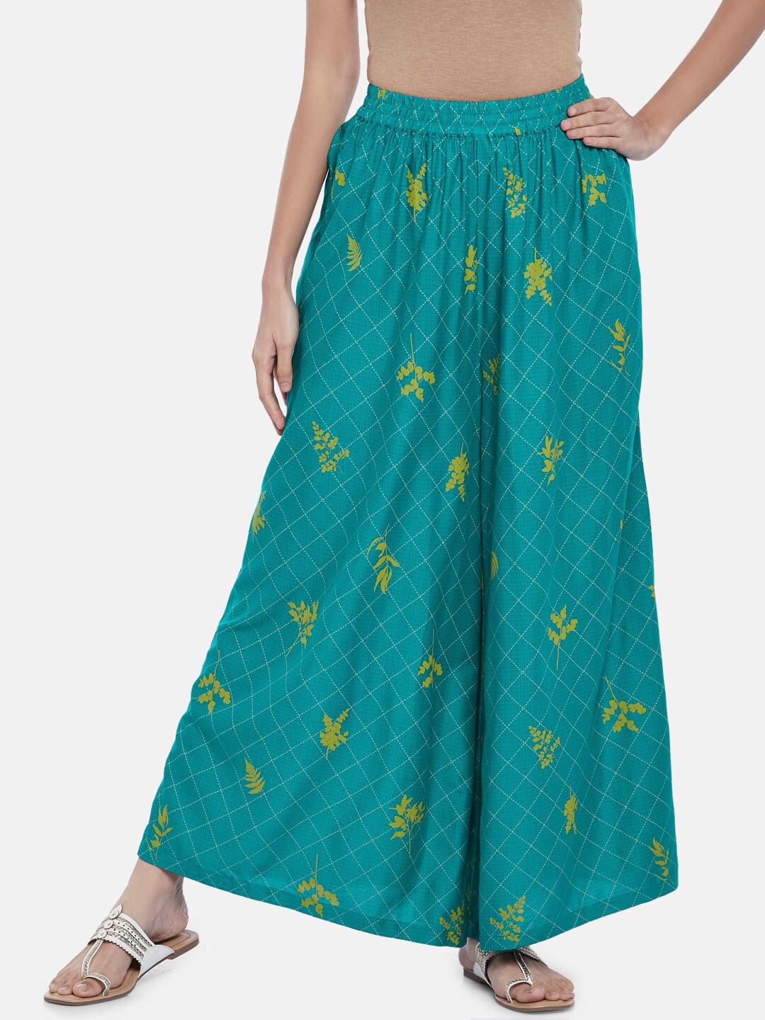 RANGMANCH BY PANTALOONS Women Turquoise Blue & Yellow Floral Printed Ethnic Palazzos Price in India