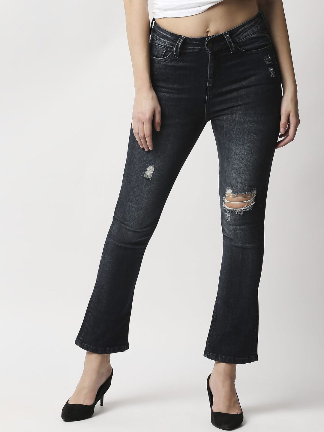 Pepe Jeans Women Blue Flared High-Rise Mildly Distress Light Fade Stretchable Jeans Price in India