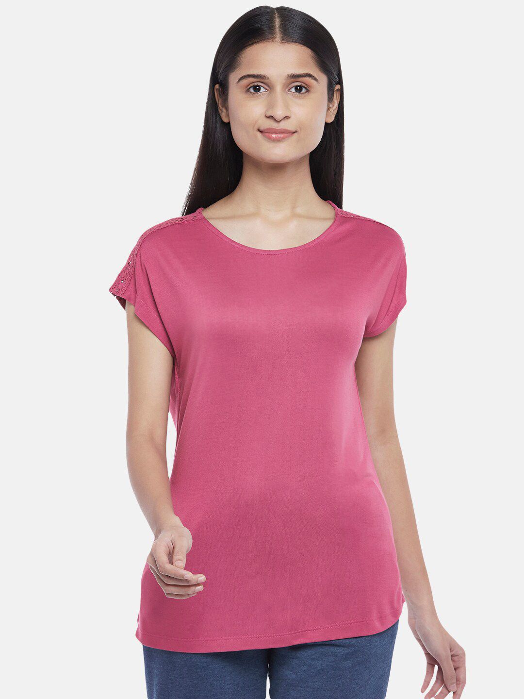 Dreamz by Pantaloons Pink Solid Pure Cotton Lounge T-shirt Price in India