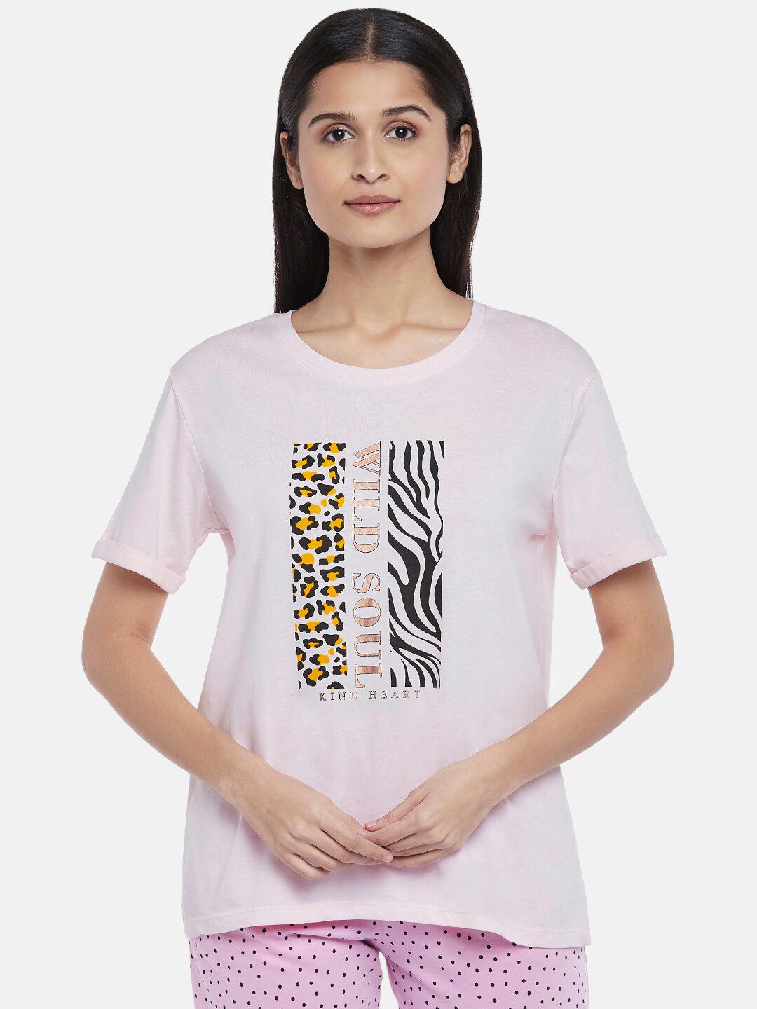 Dreamz by Pantaloons Women Pink Print Pure Cotton Lounge tshirt Price in India