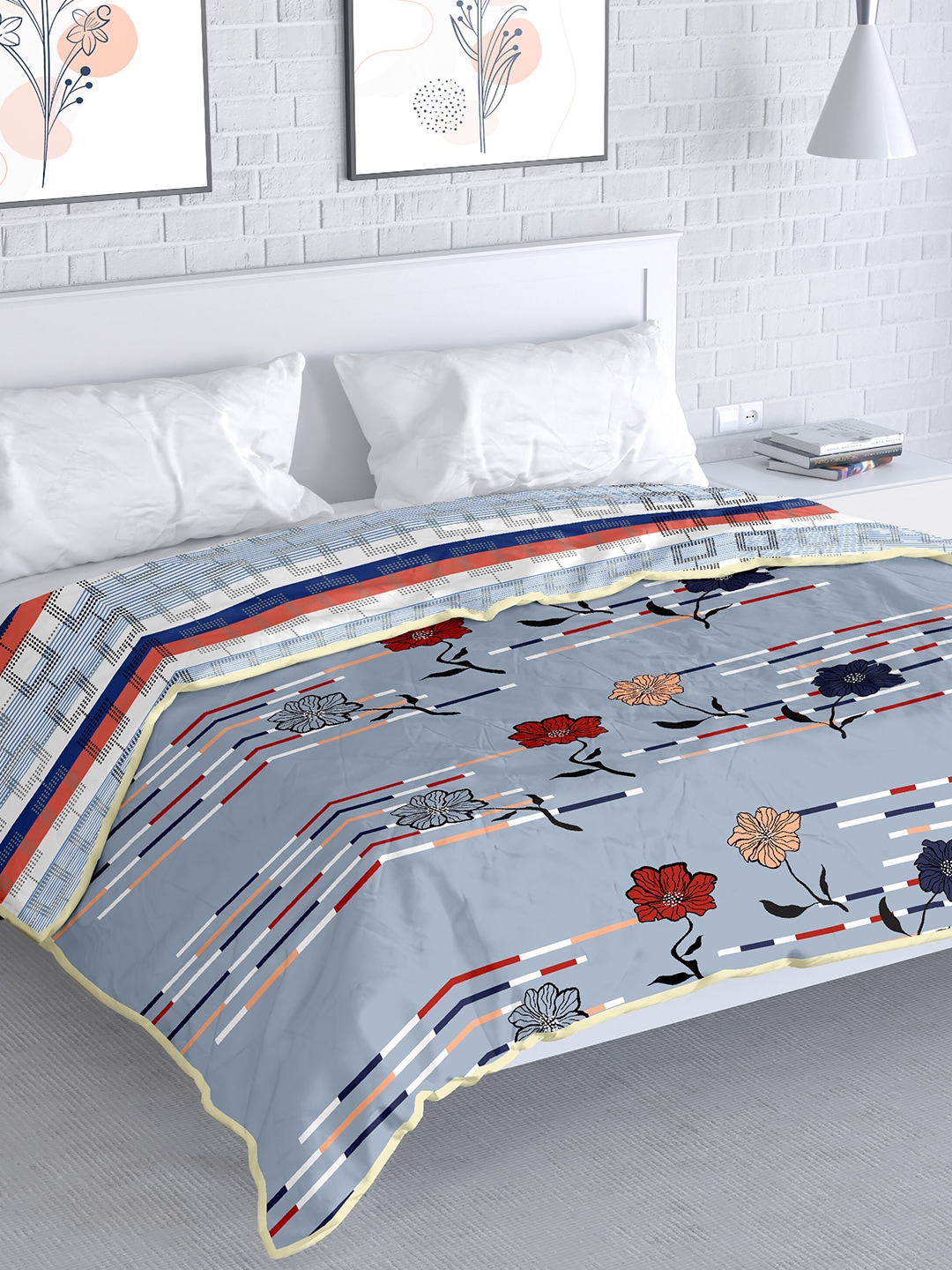 MAYFAIR HOMES LONDON Grey & Red Floral AC Room 100 GSM Pure Cotton Double Bed Dohar Price in India