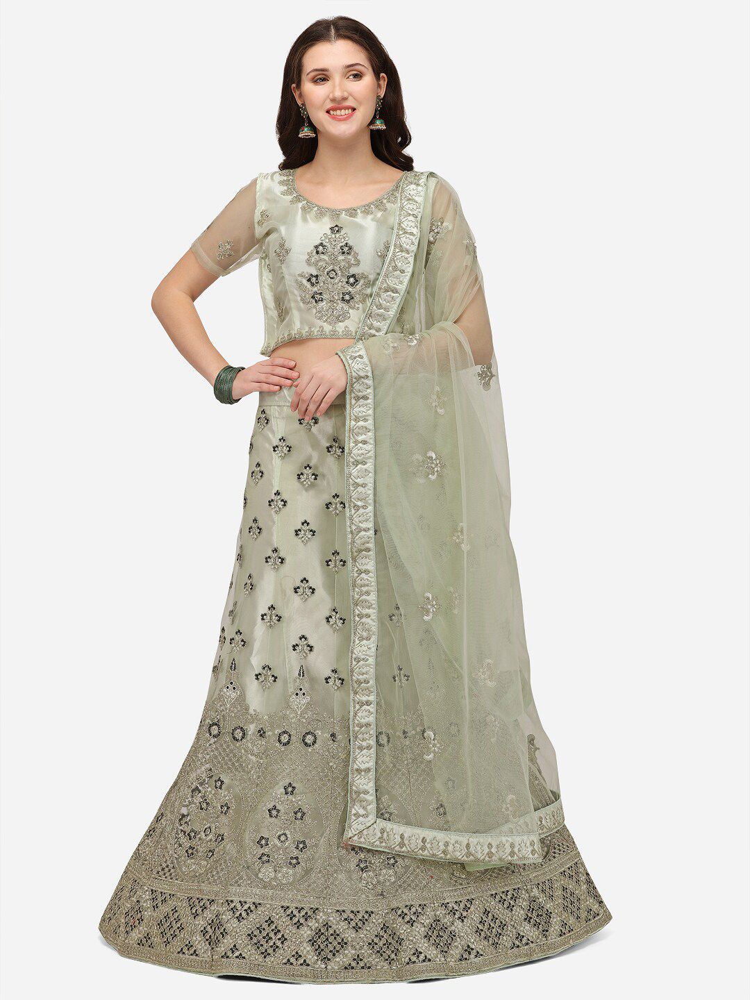 VRSALES Green Embroidered Semi-Stitched Lehenga & Unstitched Blouse With Dupatta Price in India