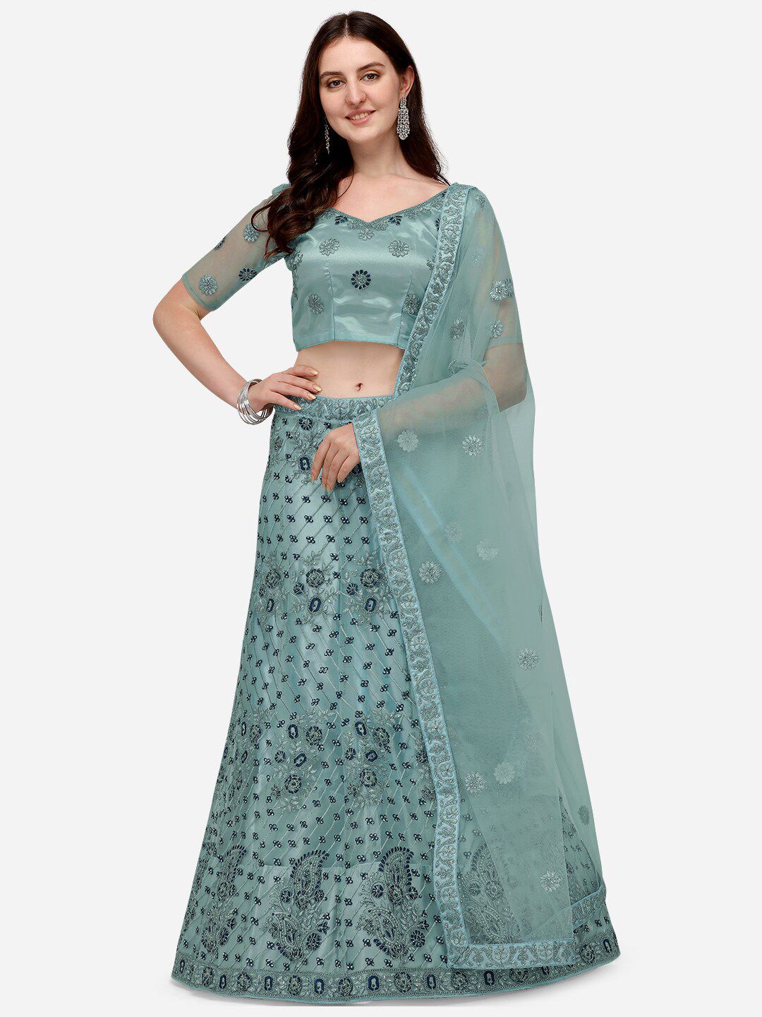 VRSALES Turquoise Blue & Silver-Toned Embroidered Semi-Stitched Lehenga & Unstitched Blouse With Dupatta Price in India