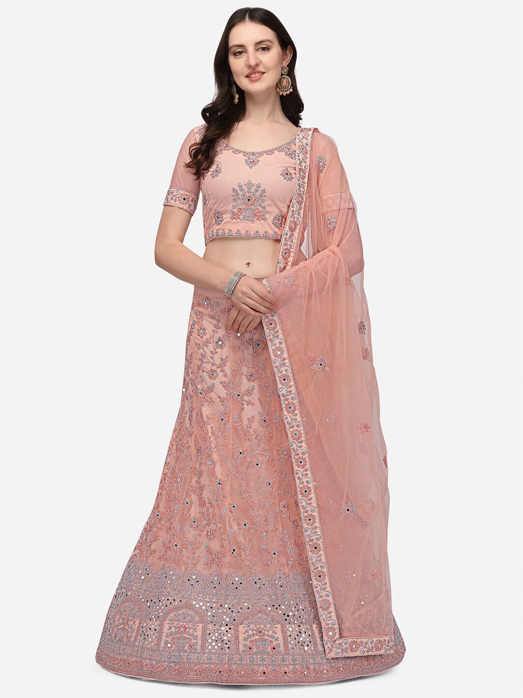 VRSALES Peach-Coloured & Silver-Toned Embroidered Mirror Work Lehnga Choli Set Price in India