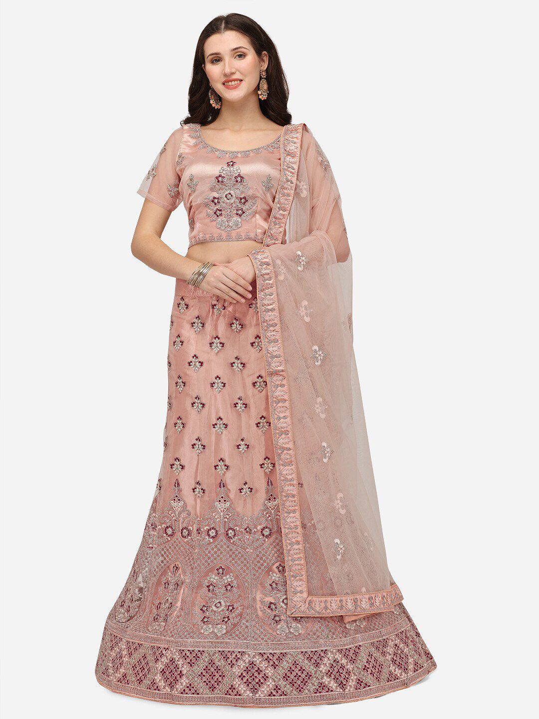 VRSALES Peach-Coloured & Silver-Toned Embroidered Semi-Stitched Lehenga & Unstitched Blouse With Dupatta Price in India