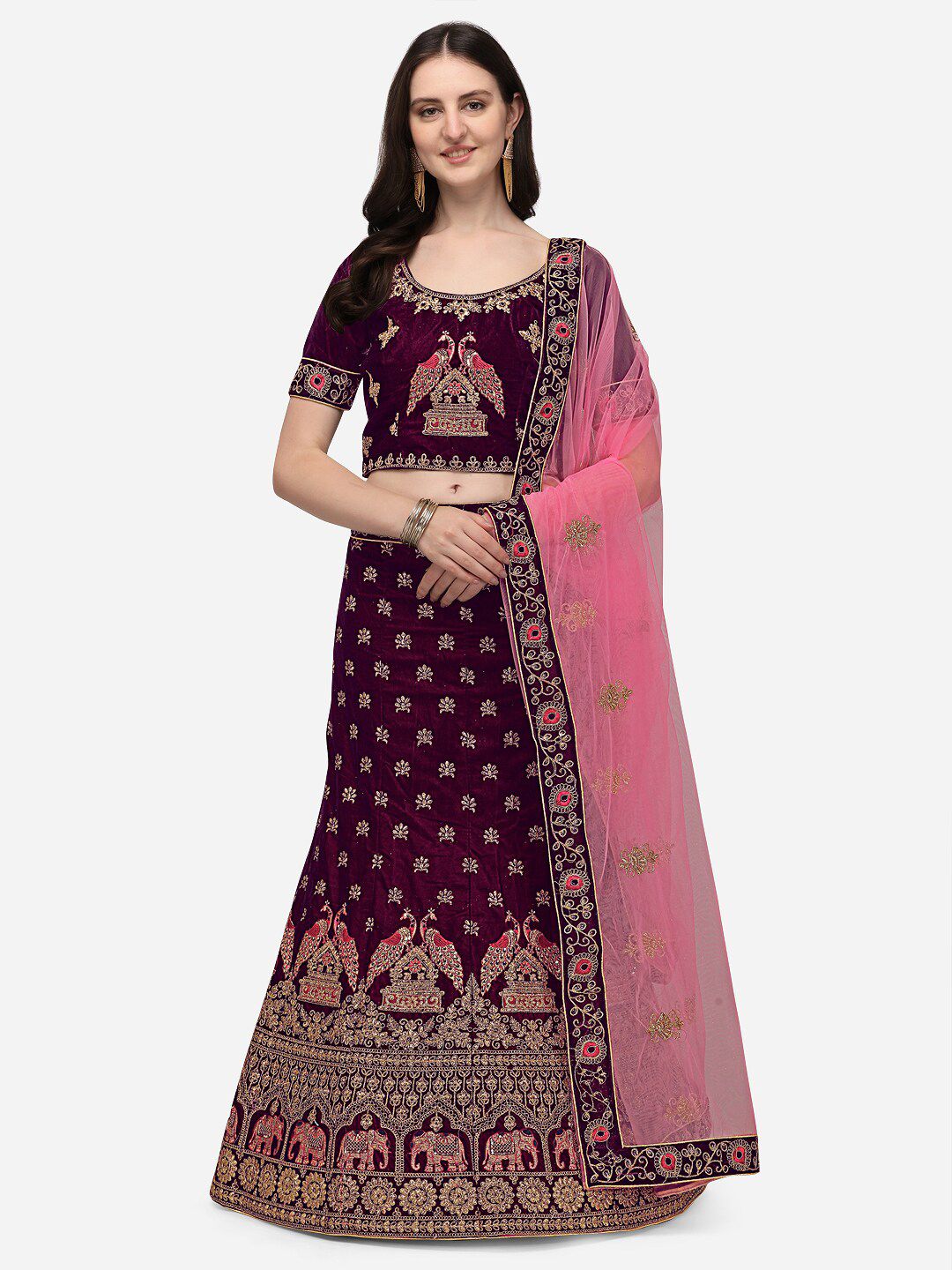 VRSALES Purple & Pink Embroidered Sequinned Semi-Stitched Lehenga & Unstitched Blouse With Dupatta Price in India