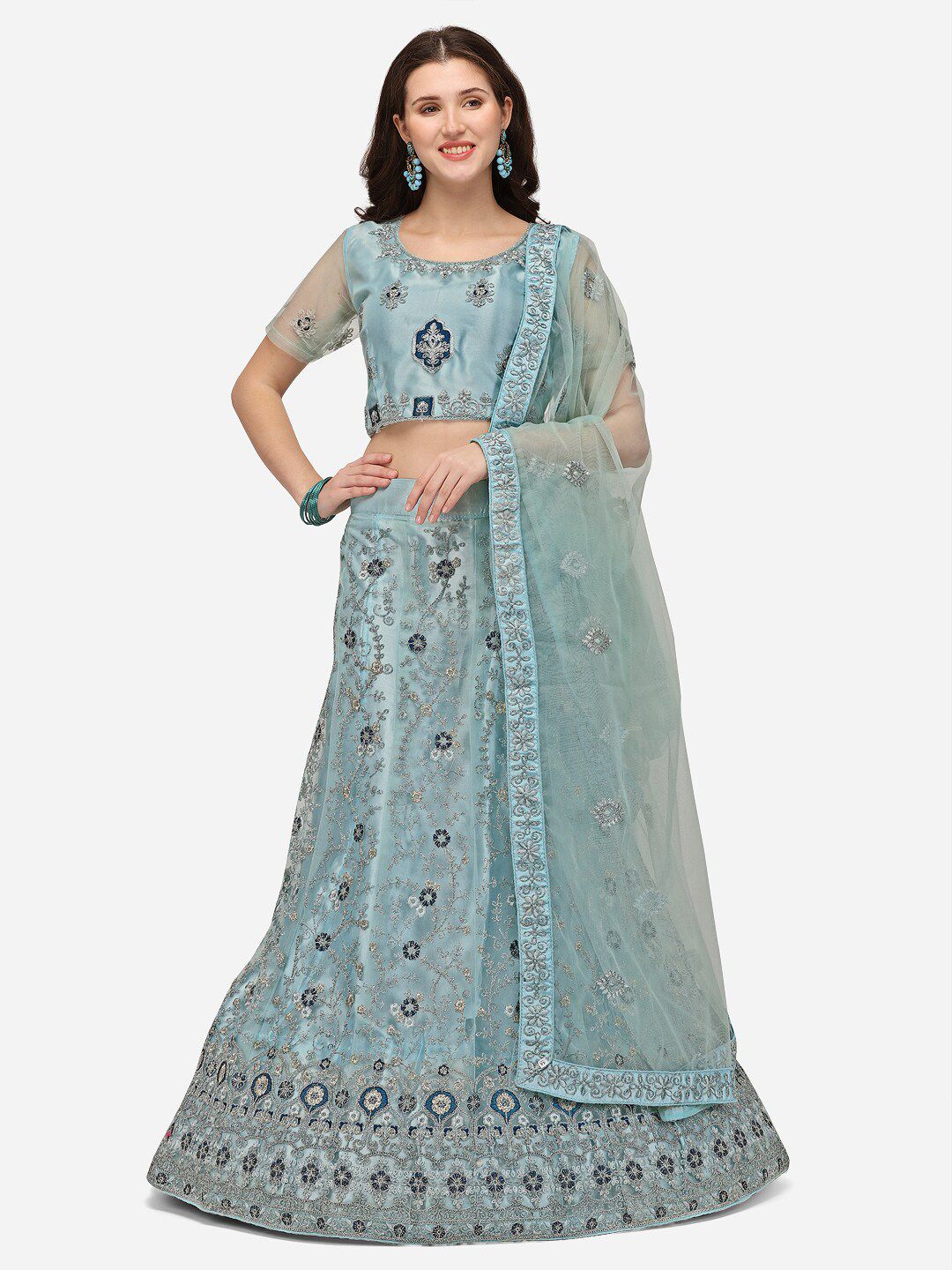 VRSALES Turquoise Blue Embroidered Semi-Stitched Lehenga & Unstitched Blouse With Dupatta Price in India