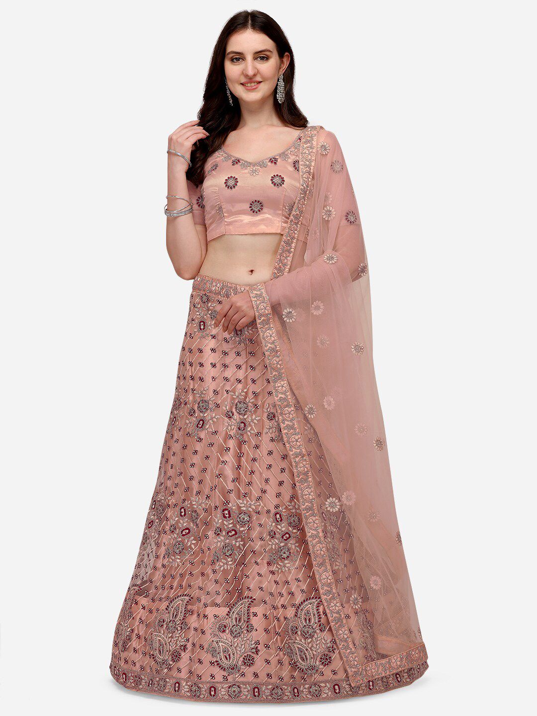 VRSALES Peach-Coloured Embroidered Semi-Stitched Lehenga & Unstitched Blouse With Dupatta Price in India