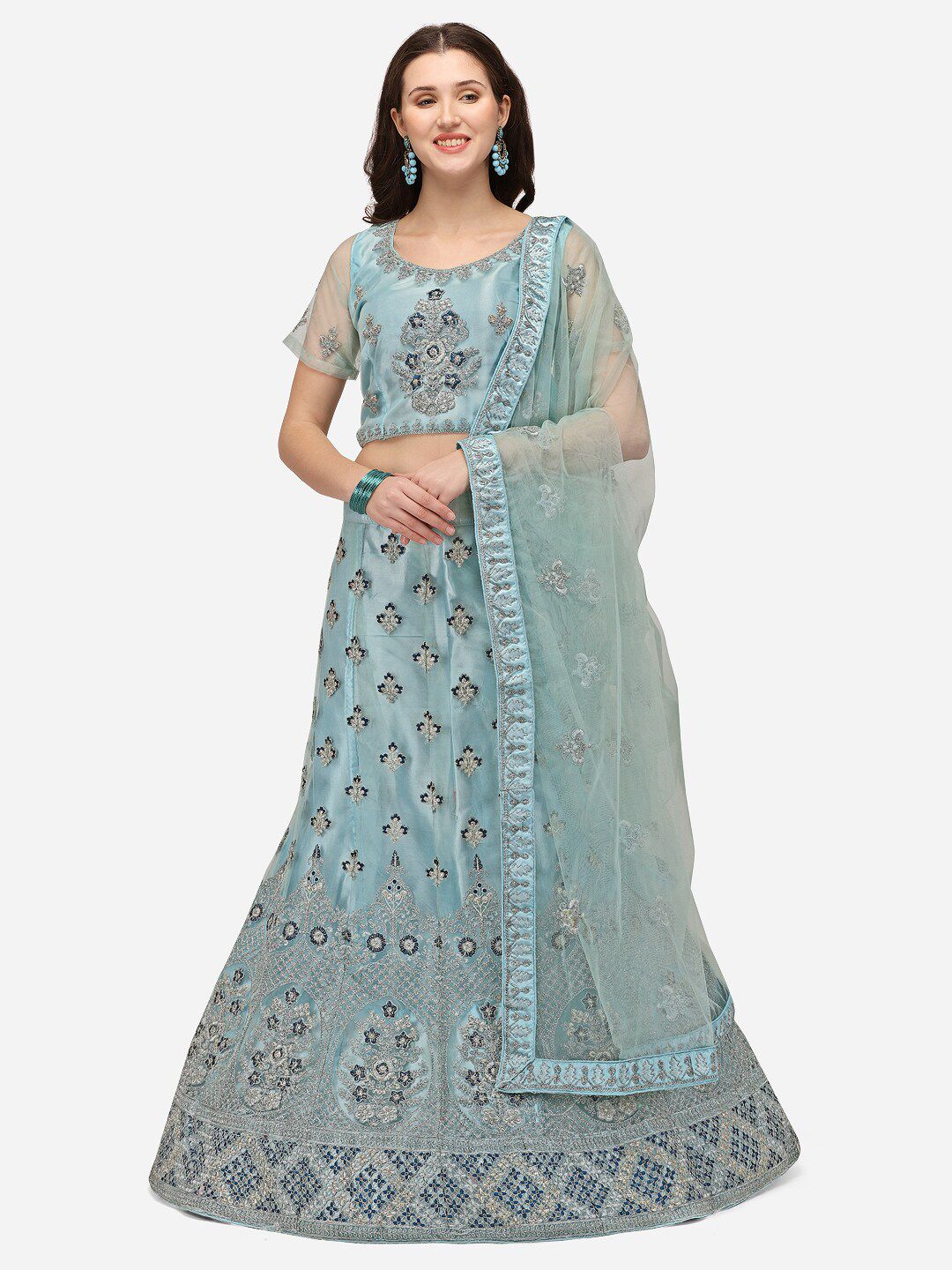 VRSALES Turquoise Blue & Silver-Toned Embroidered Semi-Stitched Lehenga & Unstitched Blouse With Dupatta Price in India