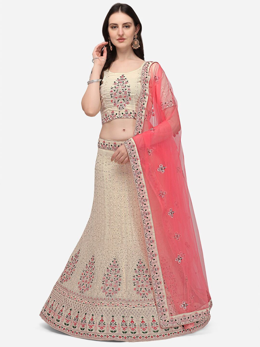 VRSALES Cream-Coloured & Pink Embroidered Semi-Stitched Lehenga & Unstitched Blouse With Dupatta Price in India
