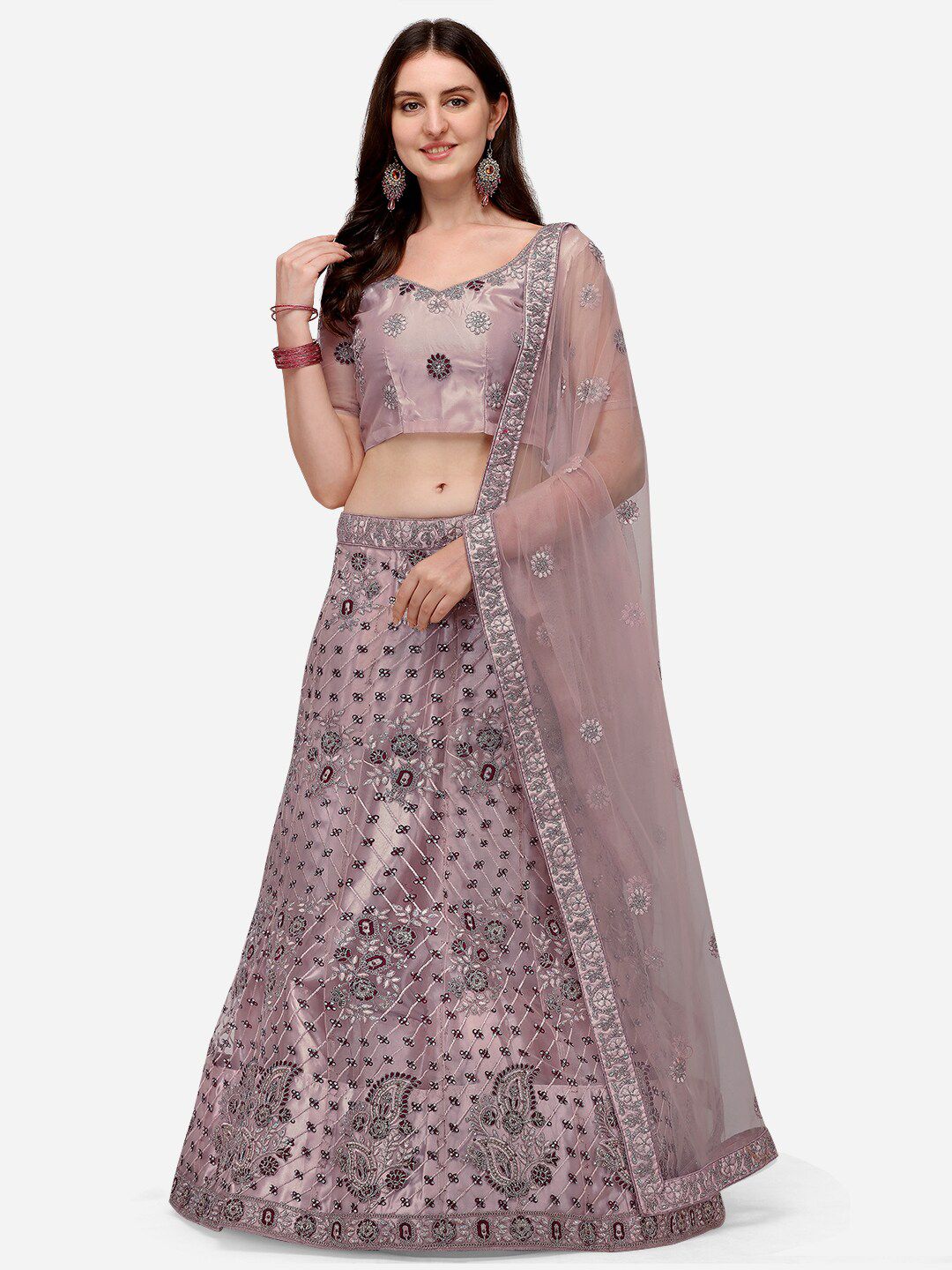 VRSALES Lavender & Silver-Toned Embroidered Semi-Stitched Lehenga & Unstitched Blouse With Dupatta Price in India