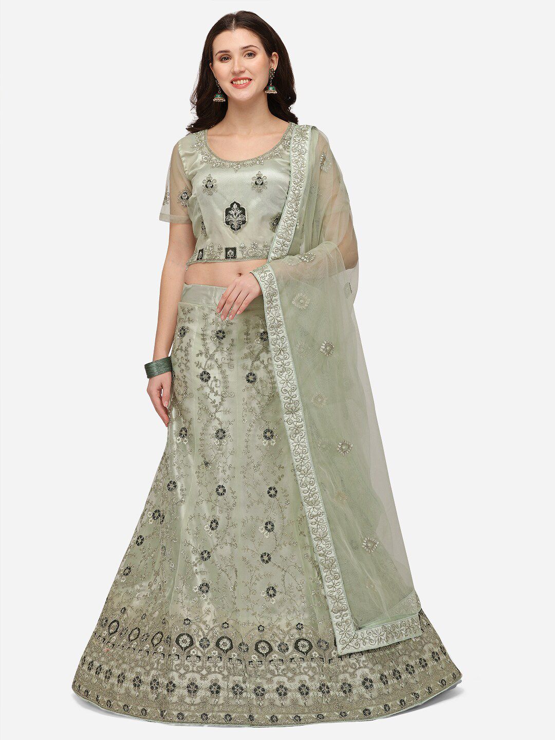 VRSALES Lime Green Embroidered Semi-Stitched Lehenga & Unstitched Blouse With Dupatta Price in India