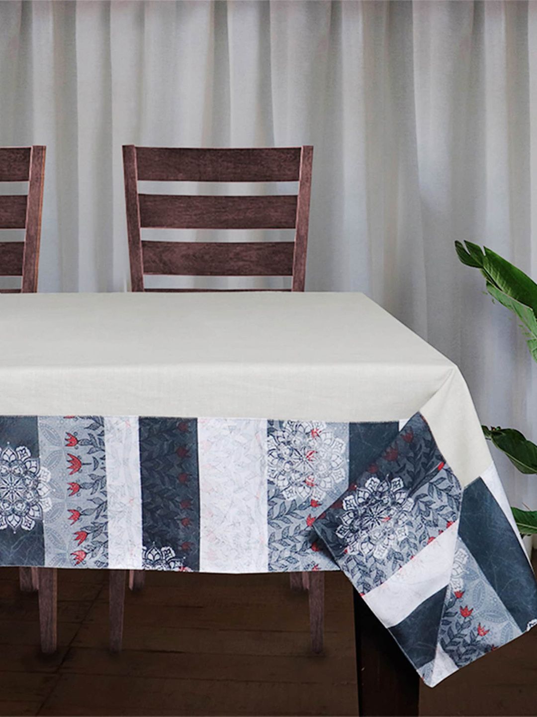 Zeba White & Blue Printed Cotton Table Cover Price in India