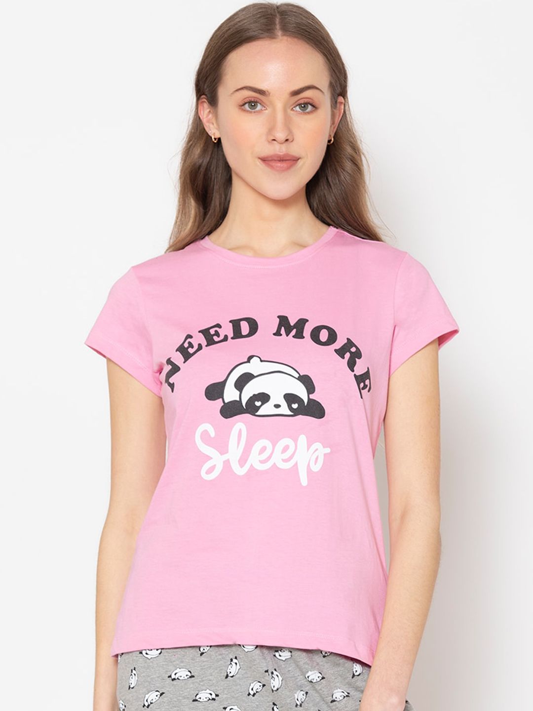 Lounge Dreams Women Pink & Black Printed Pure Cotton Lounge T-shirt Price in India