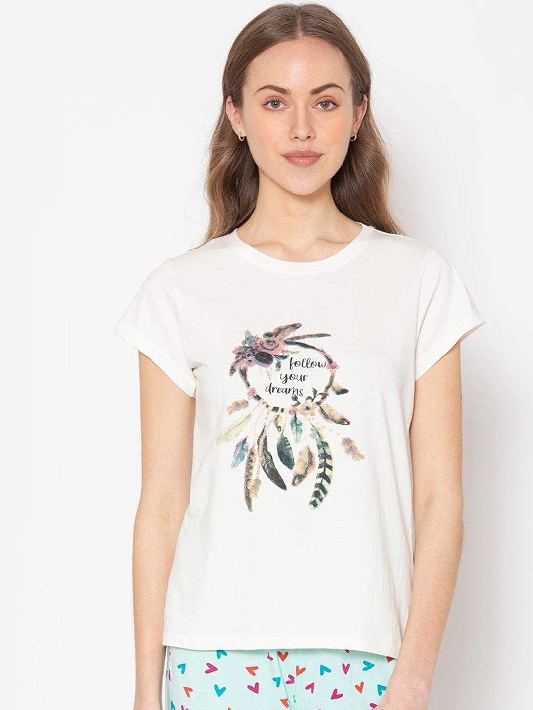 Lounge Dreams Women Off White & Black Printed Pure Cotton Lounge T-shirt Price in India