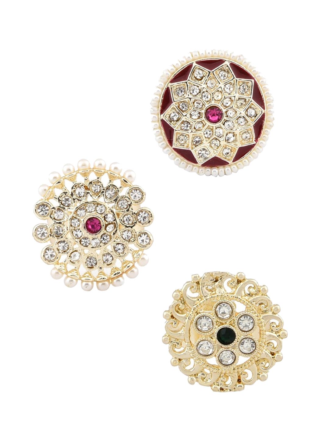 Zaveri Pearls Set Of 3 Gold-Plated White Stone-Studded & Pearl Beaded Adjustable Finger Rings Price in India
