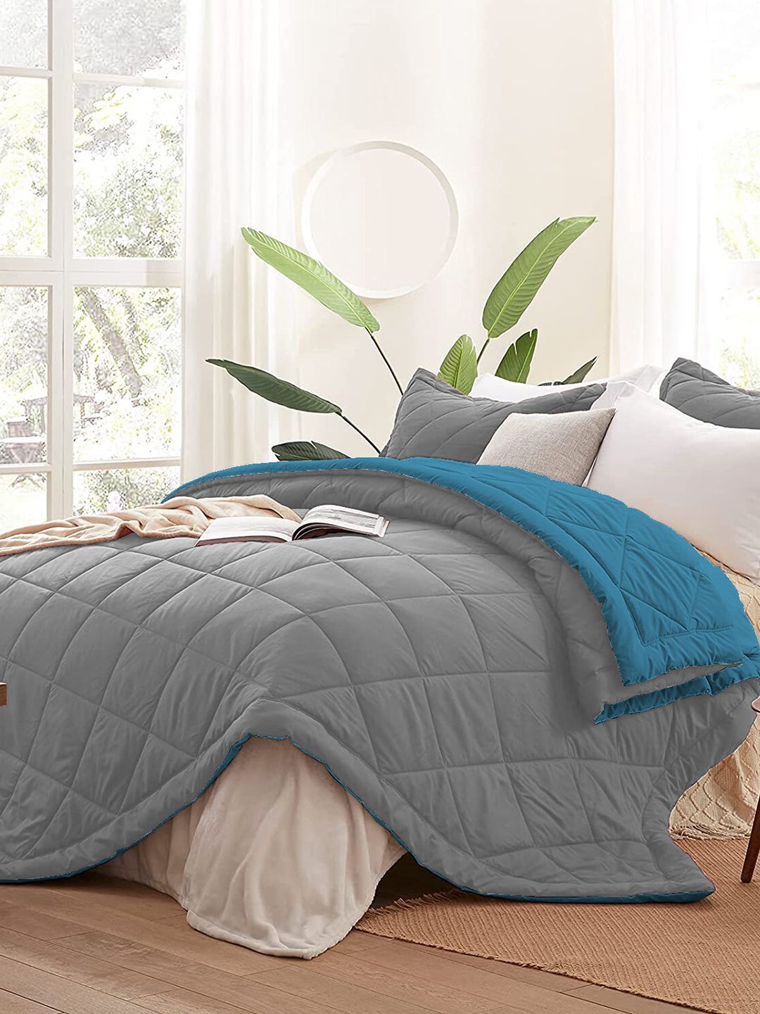 Sasimo Teal & Grey Striped AC Room 210 GSM Double Bed Comforter Price in India