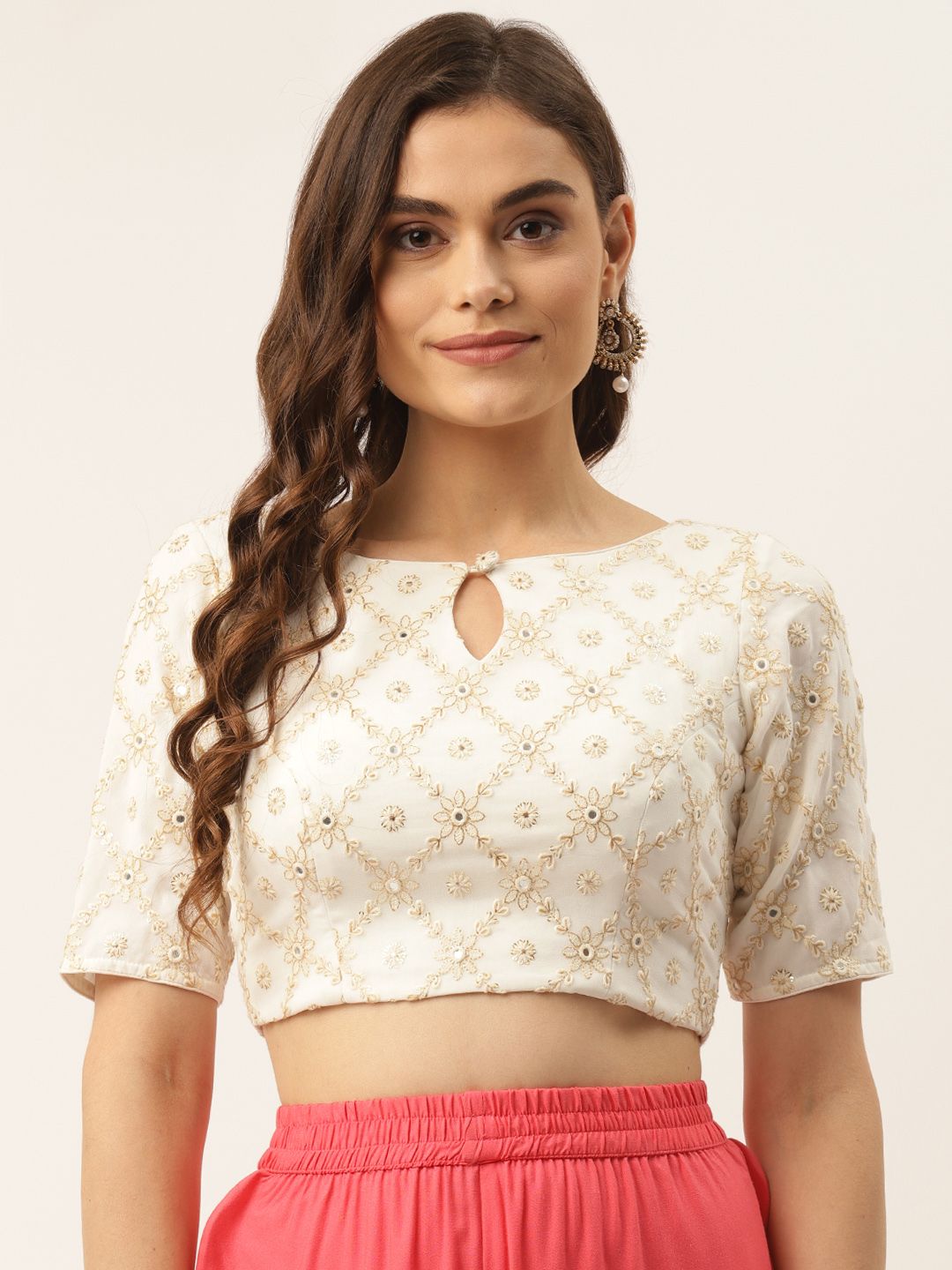 NDS Niharikaa Designer Studio Women White & Golden Embroidered Padded Blouse Price in India