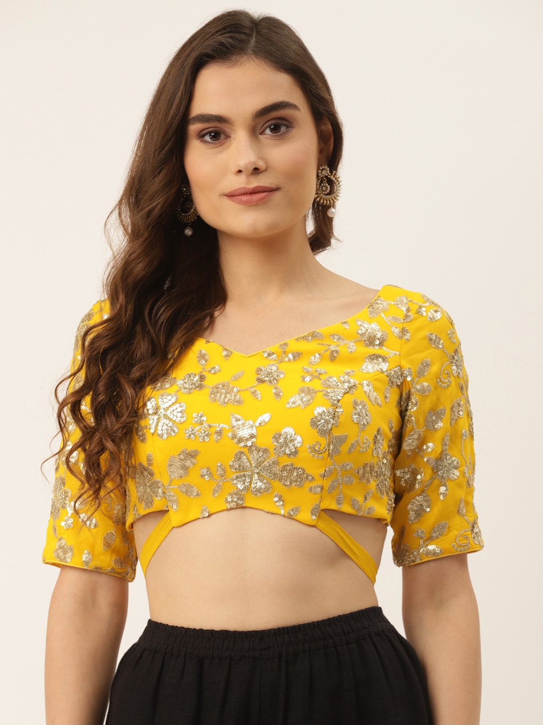 NDS Niharikaa Designer Studio Yellow & Golden Embroidered Padded Blouse with Sequin Detail Price in India